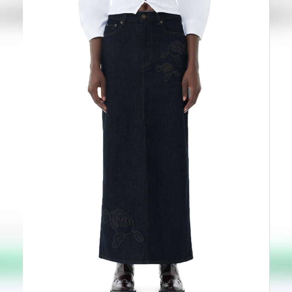 Black Denim Maxi Skirt with Floral Embroidery